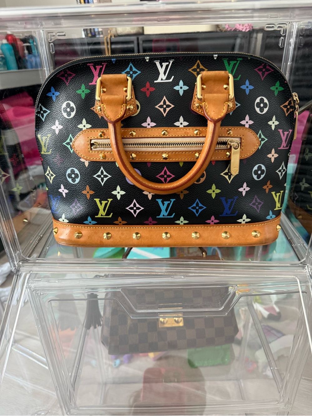 Louis Vuitton Multicolor Alma MM Black Murakami Studded Leather Satchel Bag